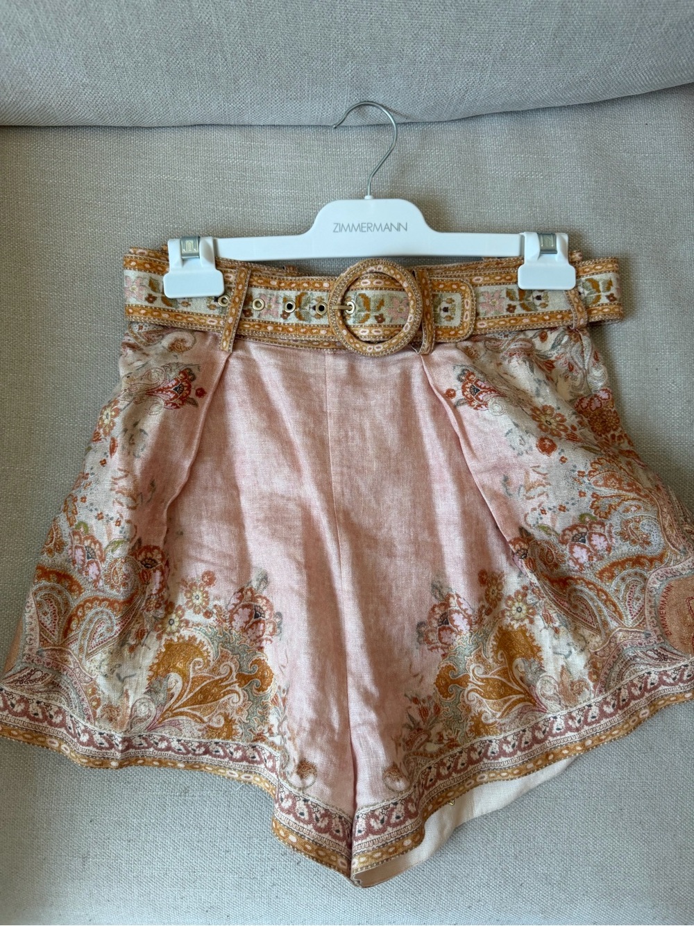 Zimmermann Pink Paisley High-Waist Shorts with Belt